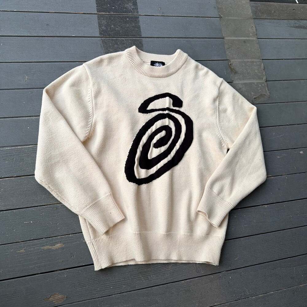 Stussy Spiral Logo Knit Sweater Cream Black Size XL